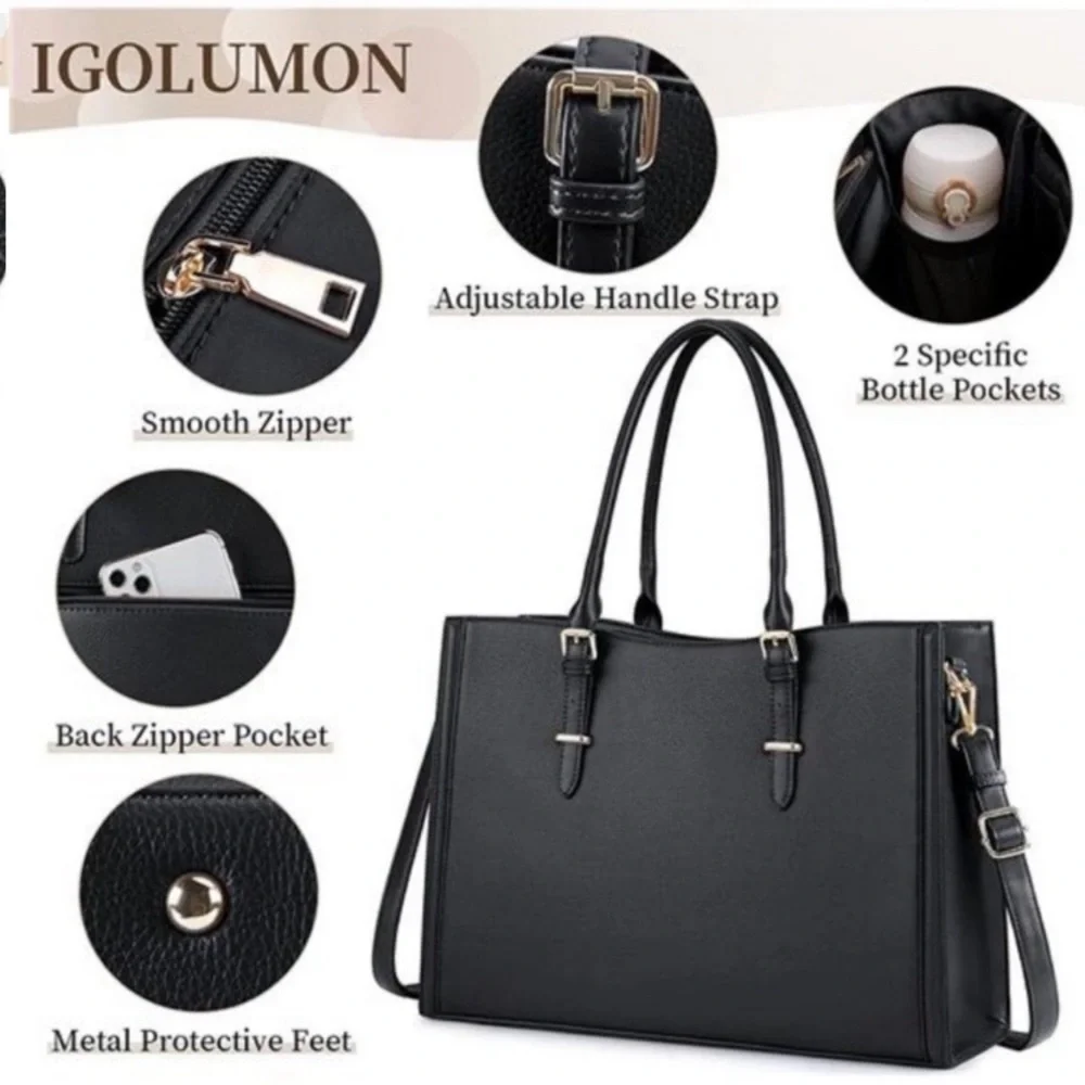 Laptop Bag for Women 15.6 inch Waterproof Laptop Tote Work Bag Leather Bag Black